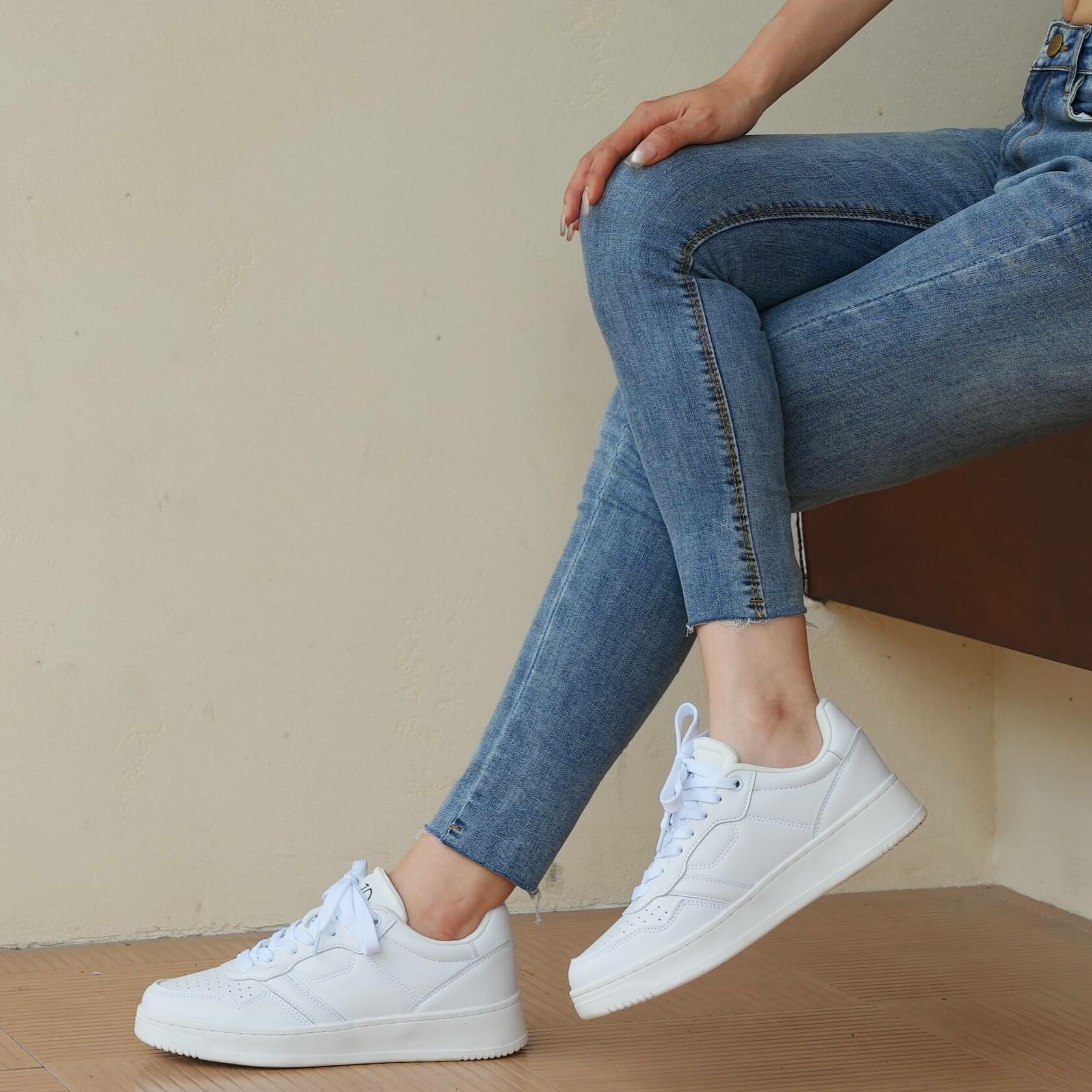 JABASIC Women Genuine Leather Platform Sneakers Lace-Up White/Fuchsia Size 7