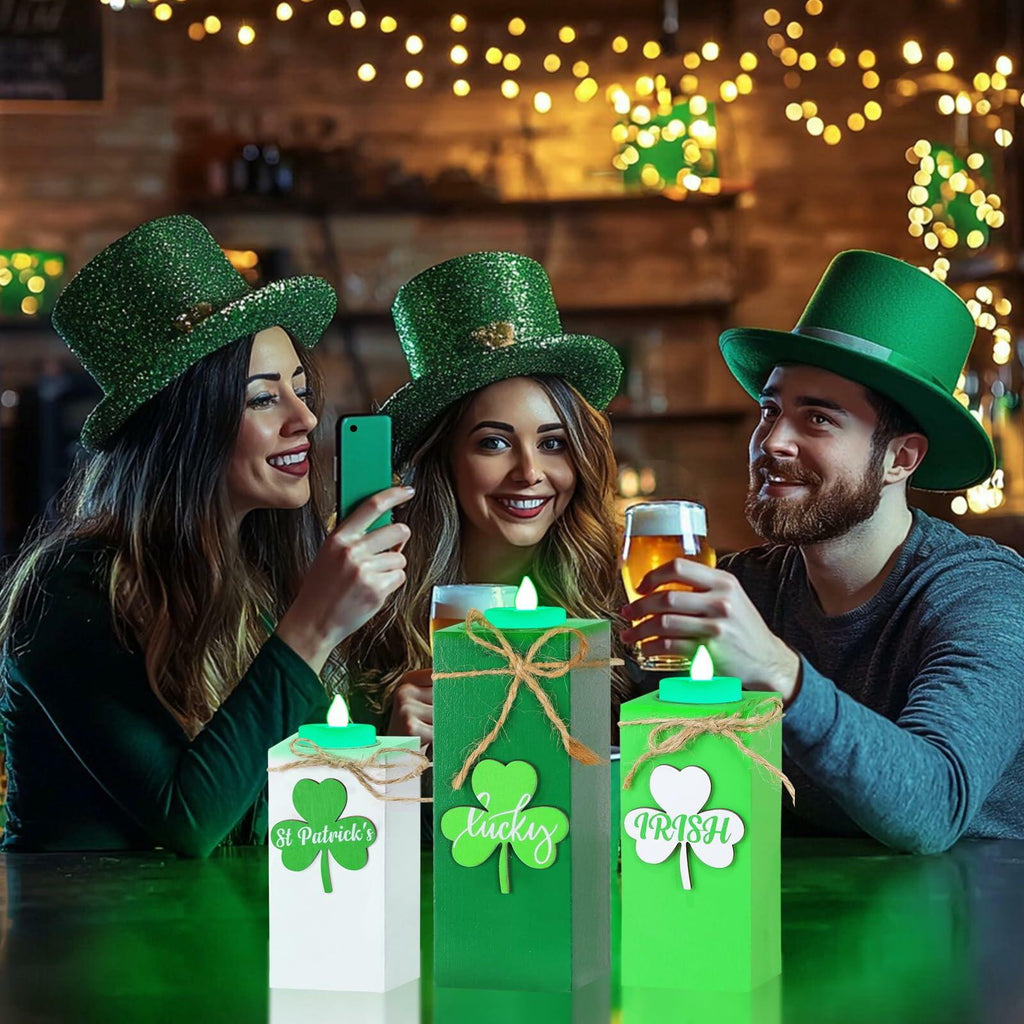3 Pack St. Patrick's Day Flameless Tea Light Candles Shamrock Design Green