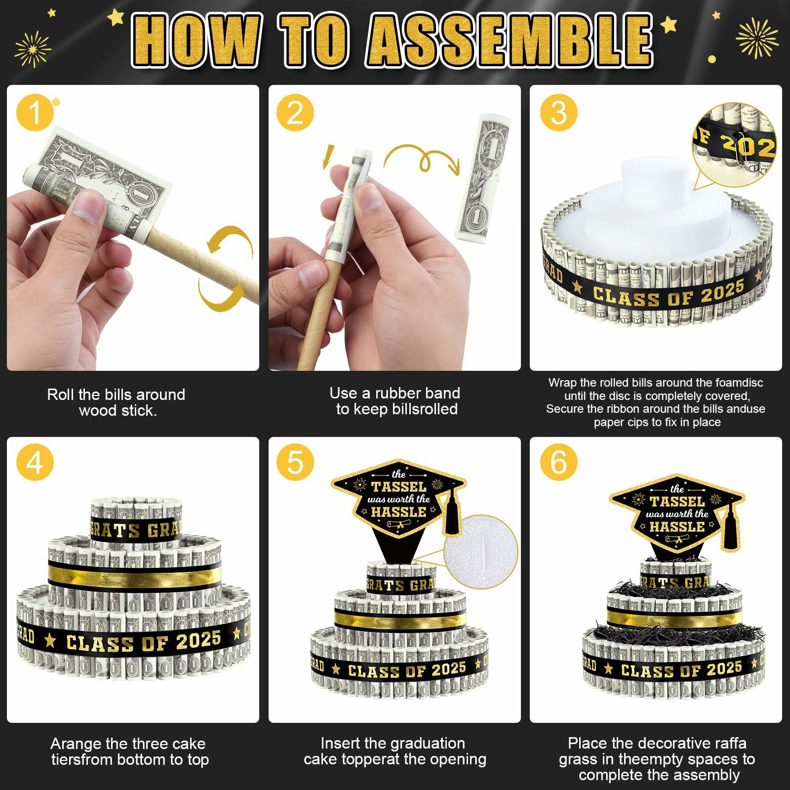 3 Tier Black Gold Graduation Cap Cake Party Decor Gifts Class of 2025