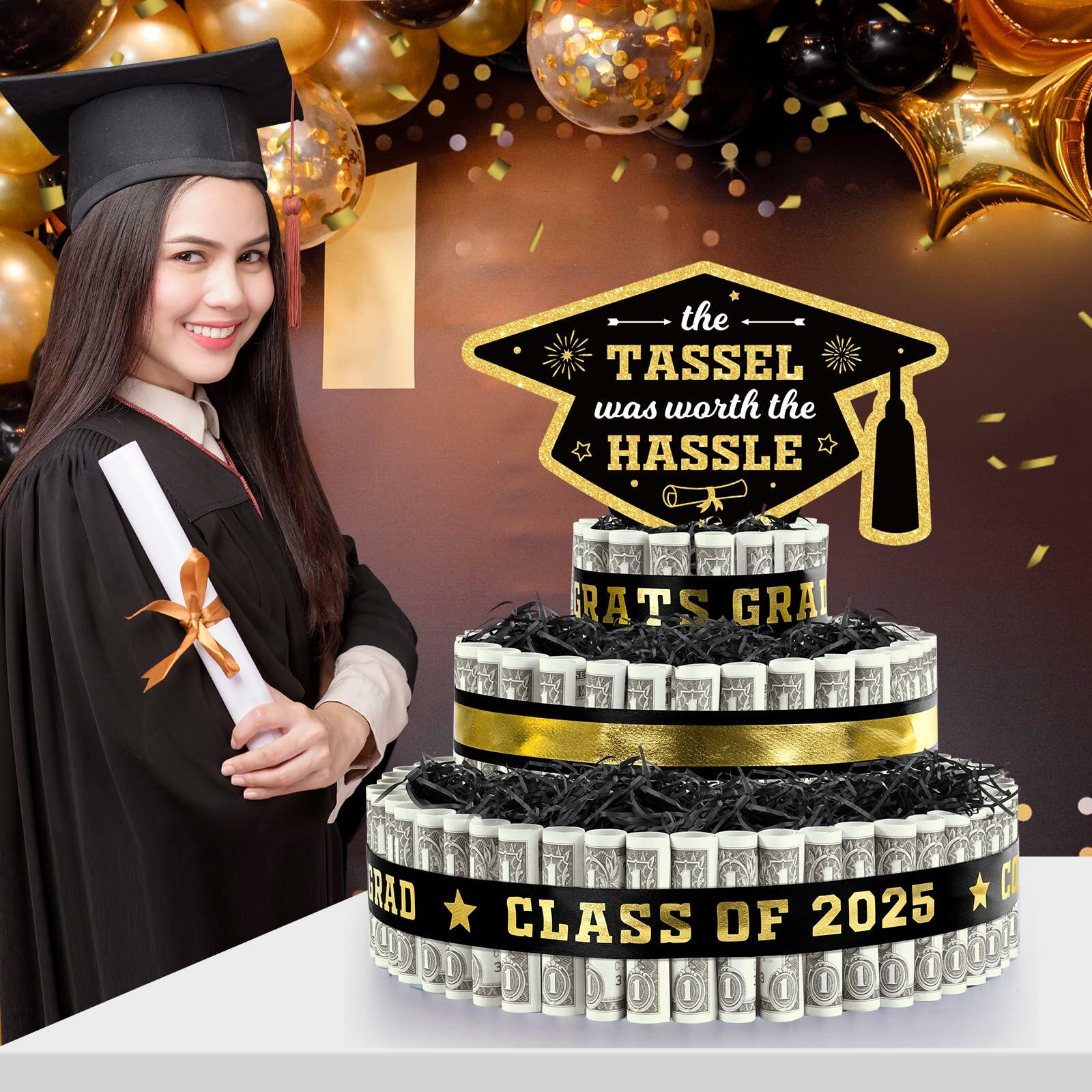 3 Tier Black Gold Graduation Cap Cake Party Decor Gifts Class of 2025
