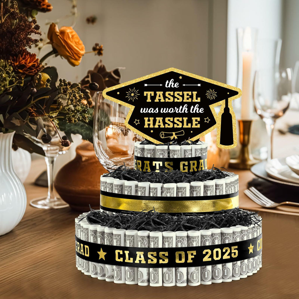 3 Tier Black Gold Graduation Cap Cake Party Decor Gifts Class of 2025