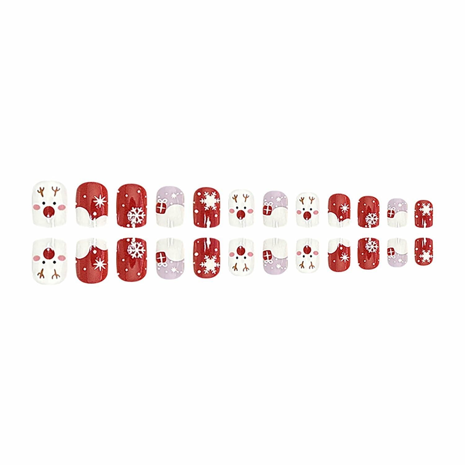 24 Pcs Christmas Press On Nails Short Square Red Acrylic False Nails