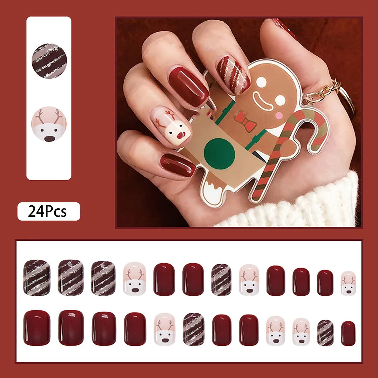 Christmas Acrylic Press On Nails Short Square Red Full Cover Cute Elk Glitter