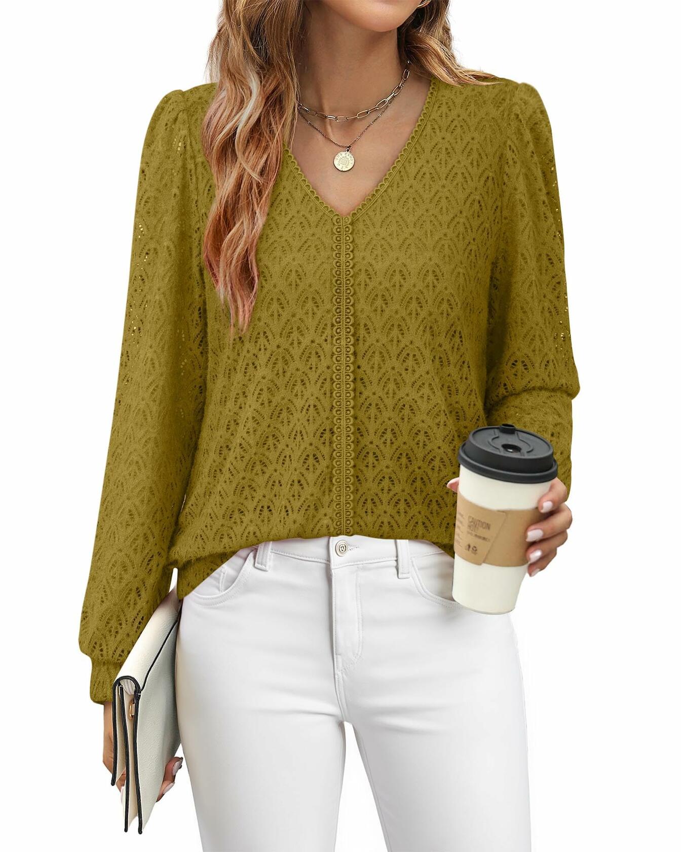 Timeson Women's Lace Knit V Neck Long Sleeve Shirt Green Size XL