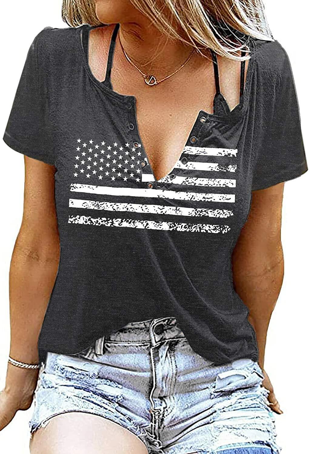 Womens Patriotic V Neck American Flag T Shirt Dark Gray Size L
