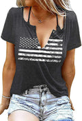 Womens Patriotic V Neck American Flag T Shirt Dark Gray Size L
