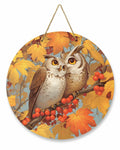 Amoxx Wooden Door Sign Owl Fall Wreath 10in Amber Orange Maple Leaves