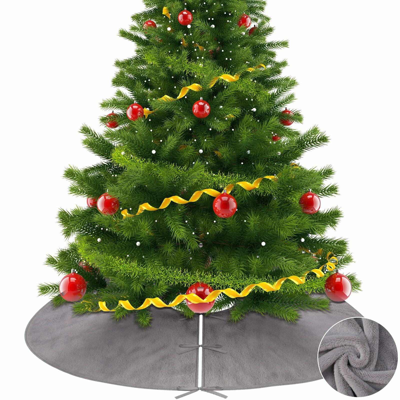 HyDren Velvet Cozy Christmas Tree Skirt Grey Brown Faux Fur 30 Inch