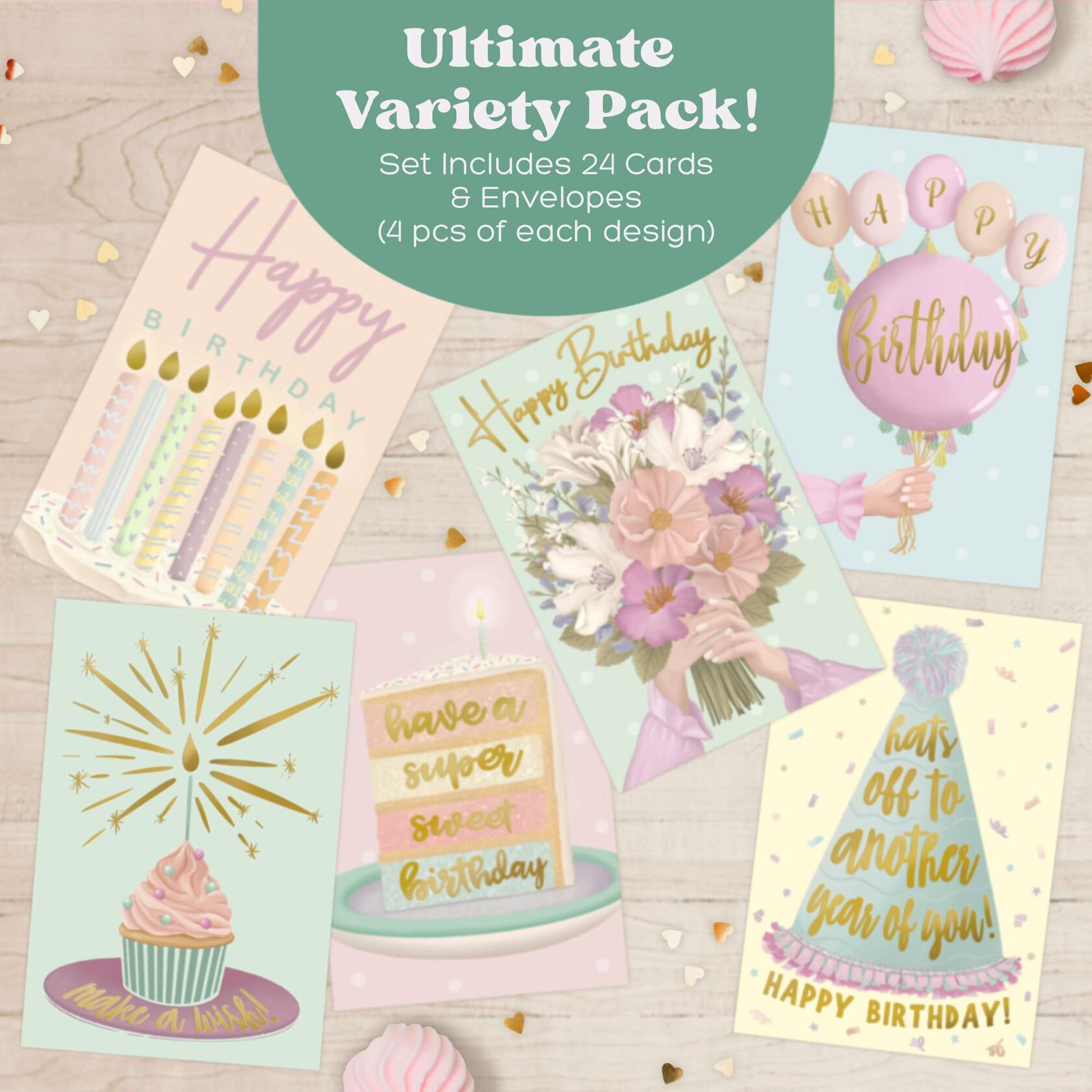 Birthday Cards Assortment Women Gold Foil 4x6 Envelopes 24 Pack