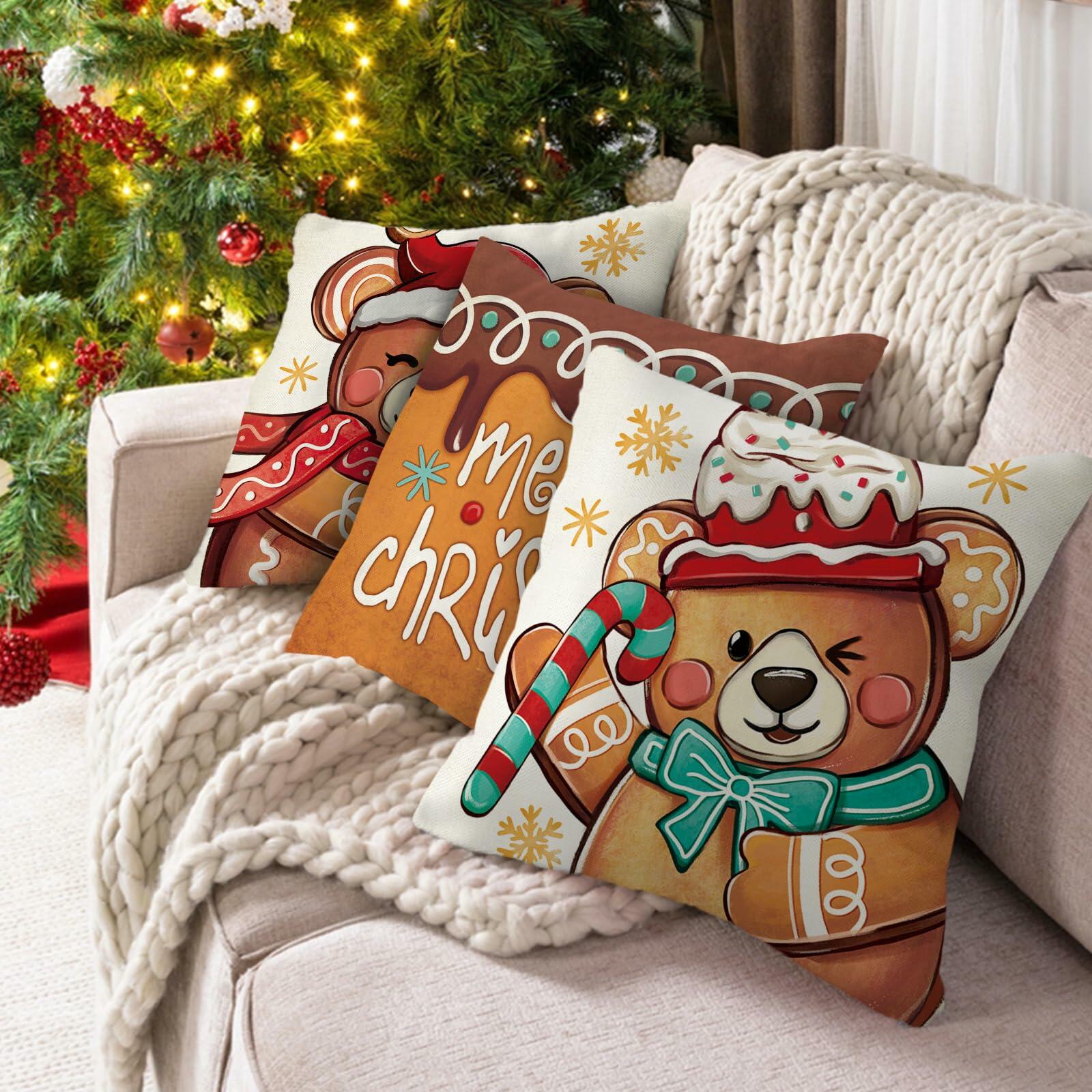 Fahrendom Christmas Bear Deer Throw Pillow Covers 18x18 Set of 4 Pink