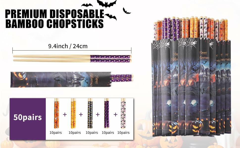 Halloween 50 Pairs 9.4in Bamboo Disposable Chopsticks Sleeved Party Gifts