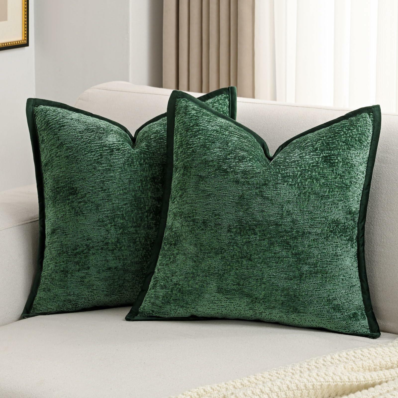 FUTEI Dark Green Chenille Throw Pillow Covers 26x26 Inch Set of 2
