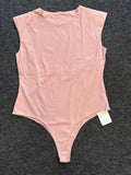 Women Sleeveless Pads Shoulder Bodycon Bodysuit Tank Top Pink Size XL