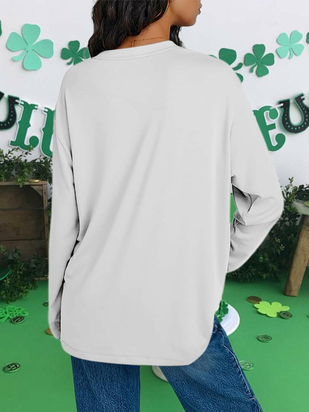 St Patrick's Day Women's Oversized Lucky Shamrock Long Sleeve Tee Size S