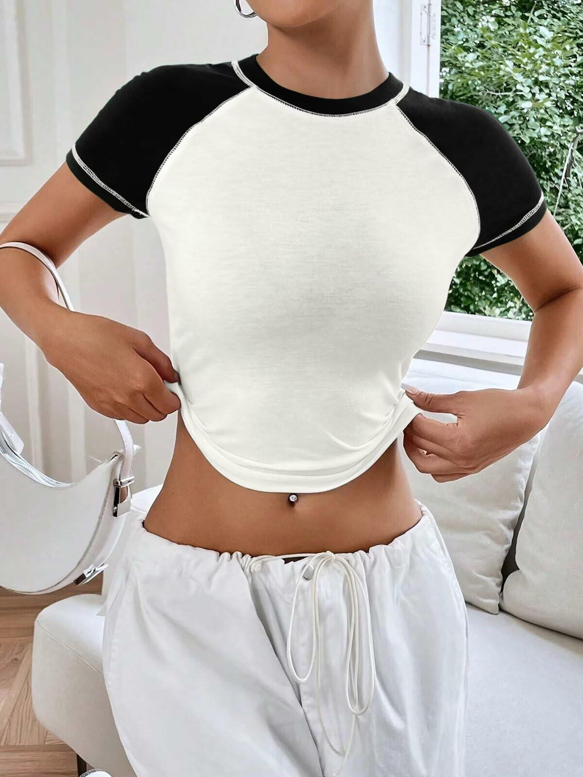 Women's Short Sleeve Crewneck Slim Fit White with Black Sleeve T Shirt Size S