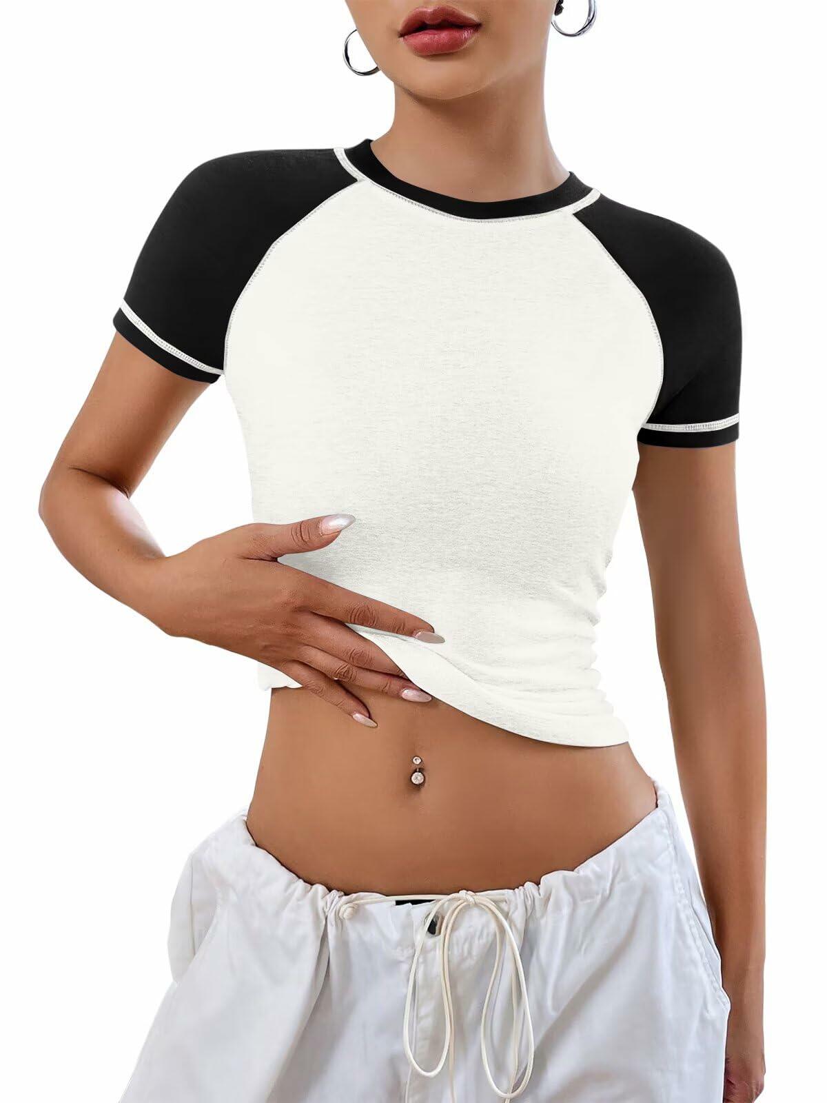 Women's Short Sleeve Crewneck Slim Fit White with Black Sleeve T Shirt Size S