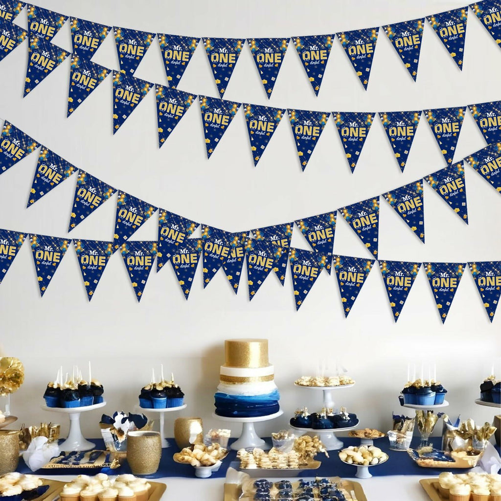 Mr. Onederful 1st Birthday Boy Triangle Banner Blue Party Decorations