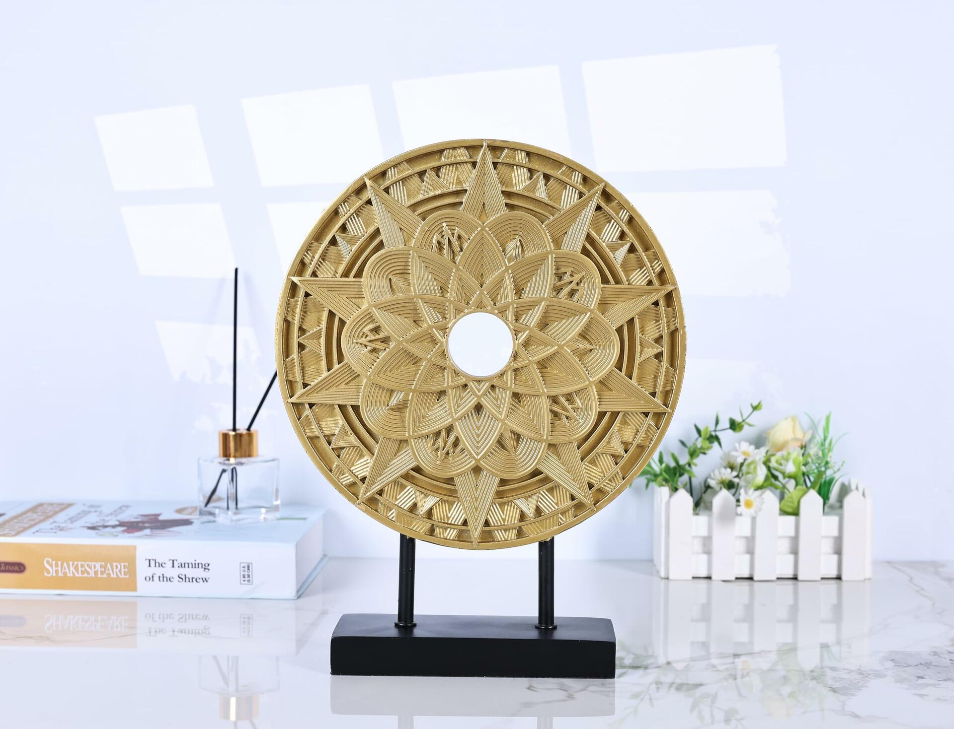 Geometric Mandala Sculpture Black Gold Round Art Decor for Shelf Table Office
