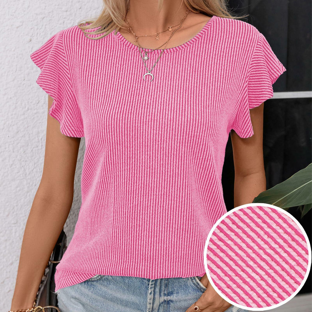 levaca Womens Ribbed Ruffle Short Sleeve Top Blue Size L