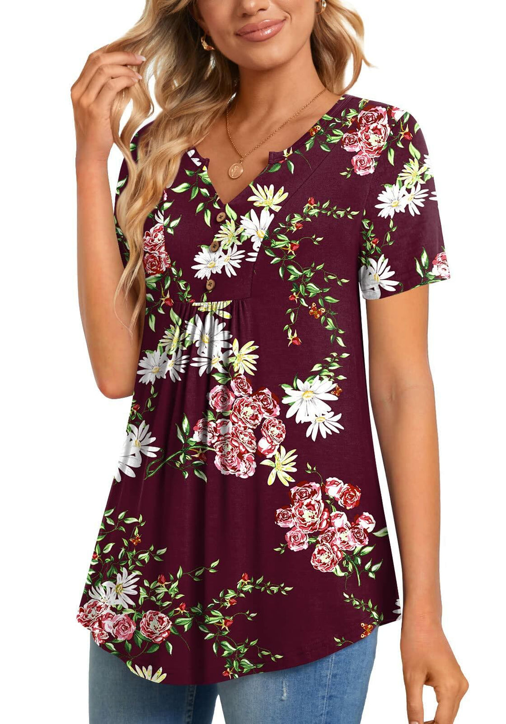CATHY Womens Henley Tunic Top V Neck Button Wine Red Size XL