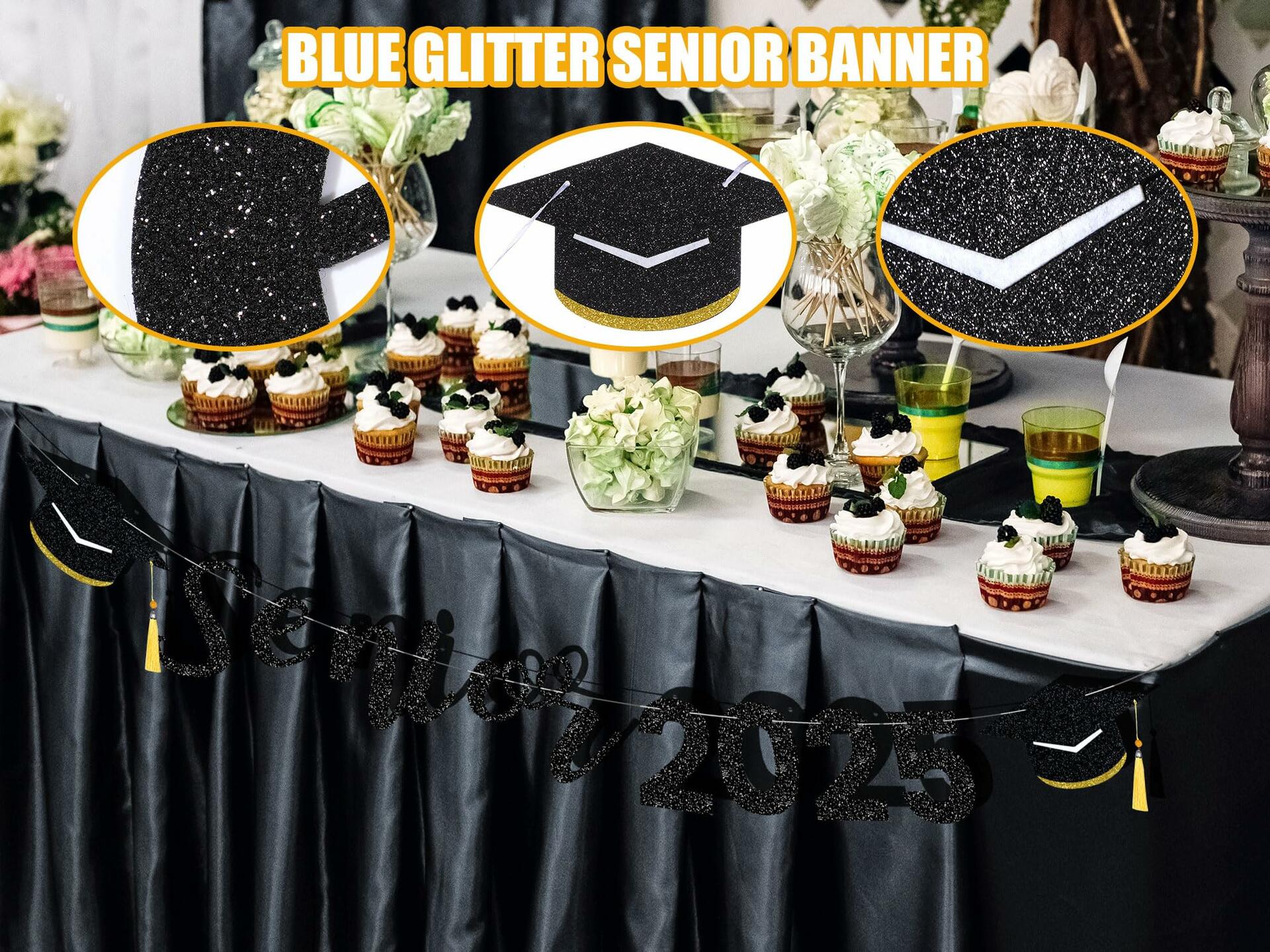 Oudain Glitter Senior 2025 Graduation Cap Banner Congrats Grad Blue