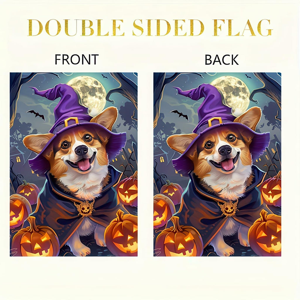 Happy Halloween Garden Flag Witch Hat Corgi Polyester 12x18 Inch Double Sided
