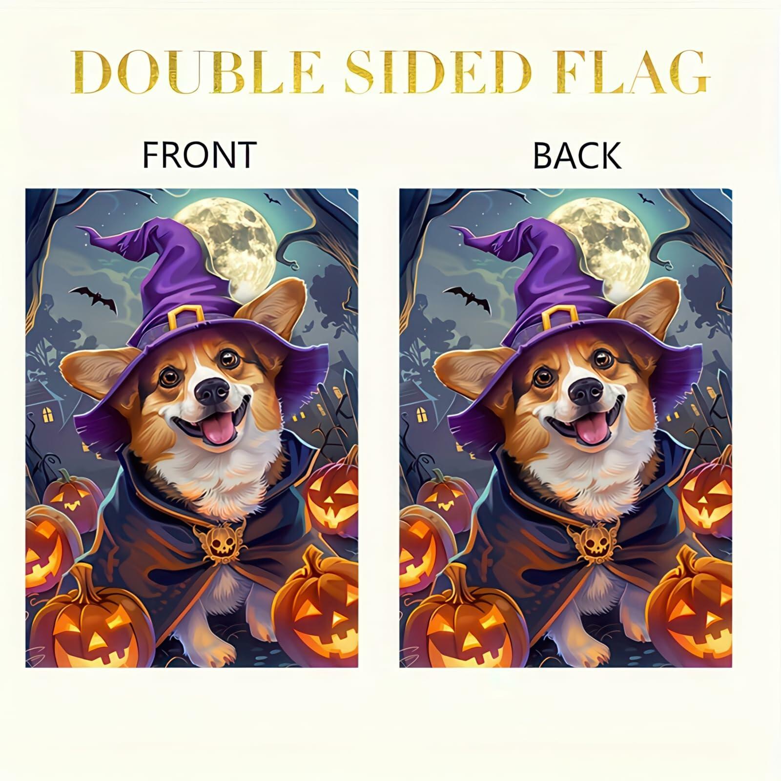 Happy Halloween Garden Flag Witch Hat Corgi Polyester 12x18 Inch Double Sided