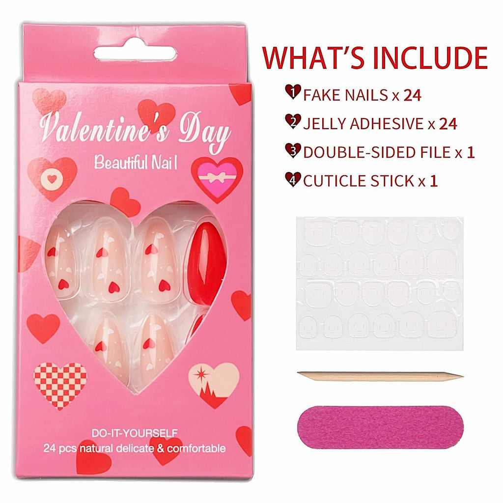 Valentine's Day Short Almond Fake Nails Red Heart White Dots 24Pcs