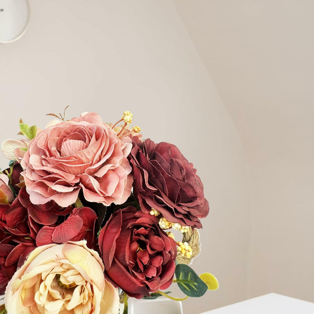 XDDCPWL Faux Silk Roses Flower Arrangement Pink Red Beige Vase Decor