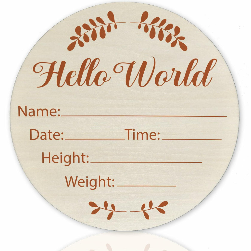 Hello World Olive Branch Newborn Sign 6" Round Birch Wood Baby Plaque
