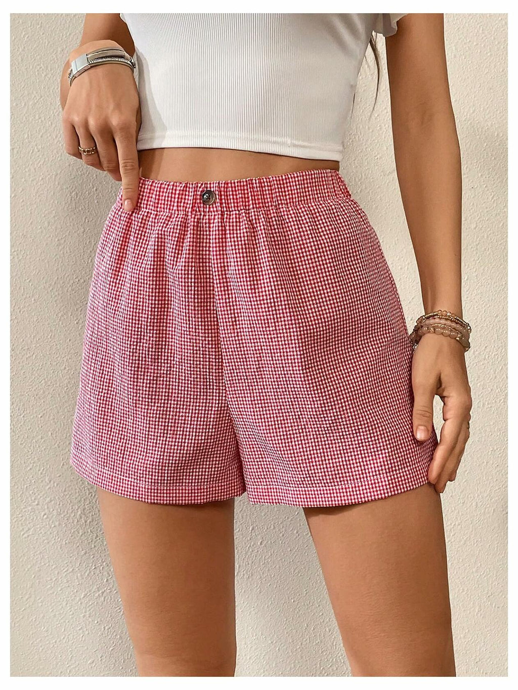 Verdusa Women's Plaid Print Elastic Waist Casual Shorts Red White Size S