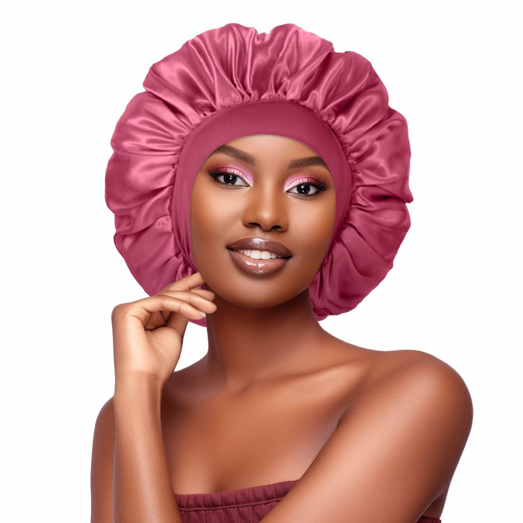 Satin Bonnet 2 Pack Silk Hair Bonnets Black Peacock Blue Pink