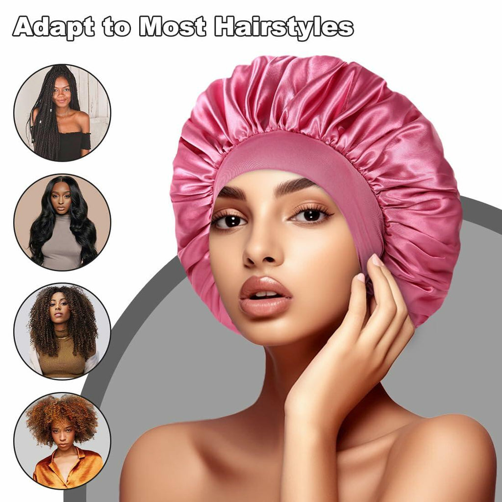 Satin Bonnet 2 Pack Silk Hair Bonnets Black Peacock Blue Pink