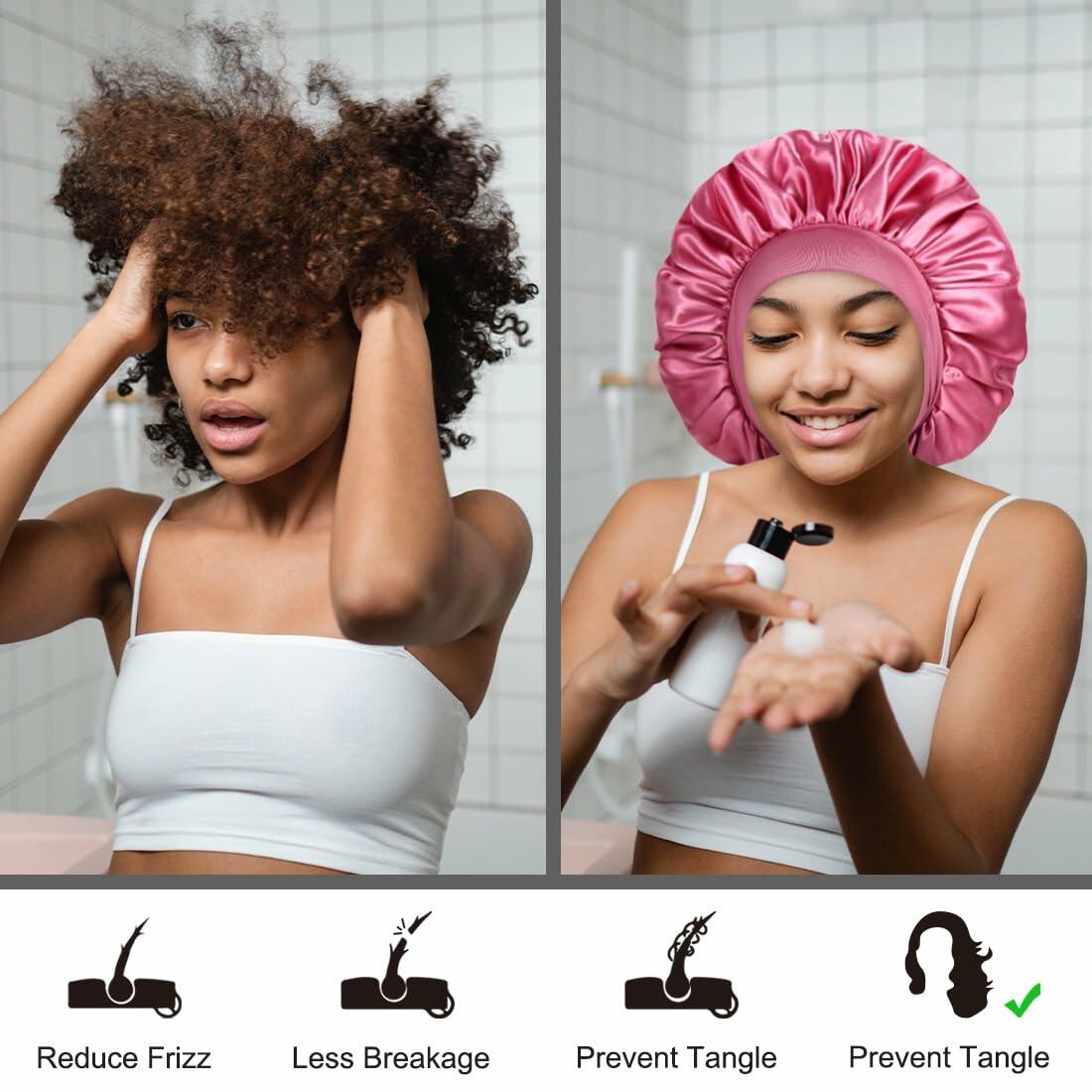 Satin Bonnet 2 Pack Silk Hair Bonnets Black Peacock Blue Pink