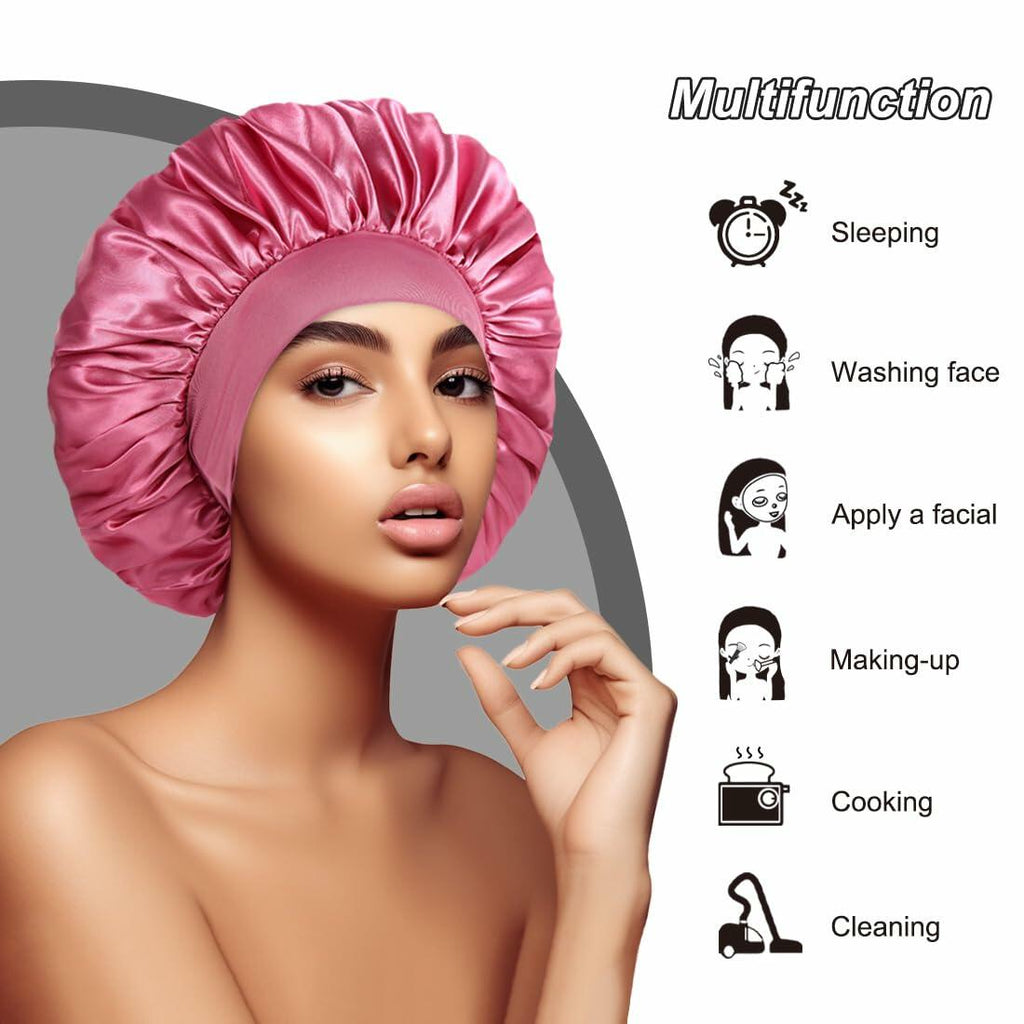 Satin Bonnet 2 Pack Silk Hair Bonnets Black Peacock Blue Pink