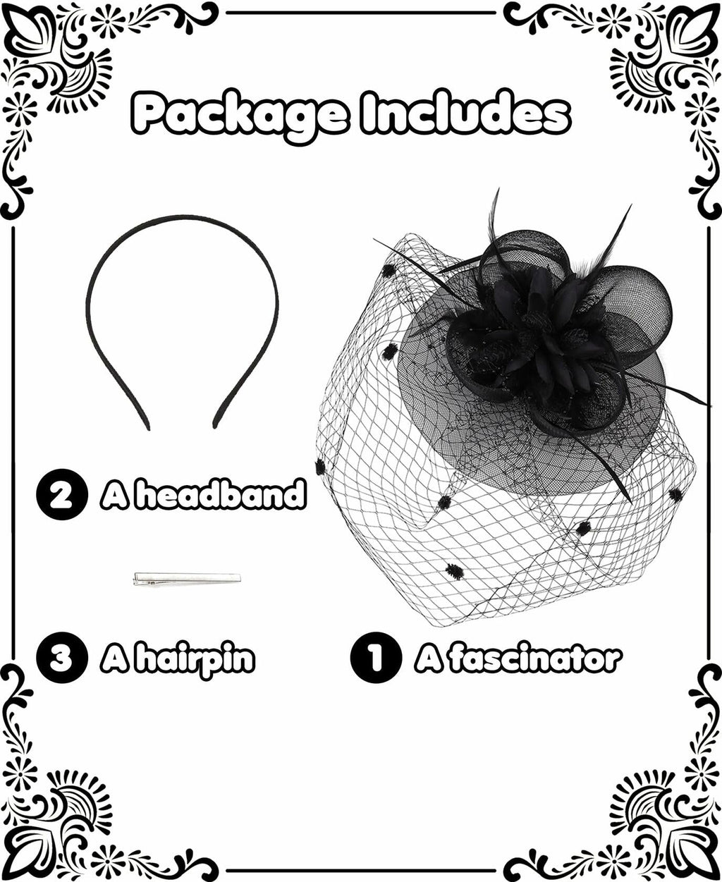 Kidukso Fascinators Hat Vintage 1920s Derby Mesh Veil Feathers Black