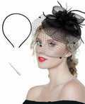Kidukso Fascinators Hat Vintage 1920s Derby Mesh Veil Feathers Black