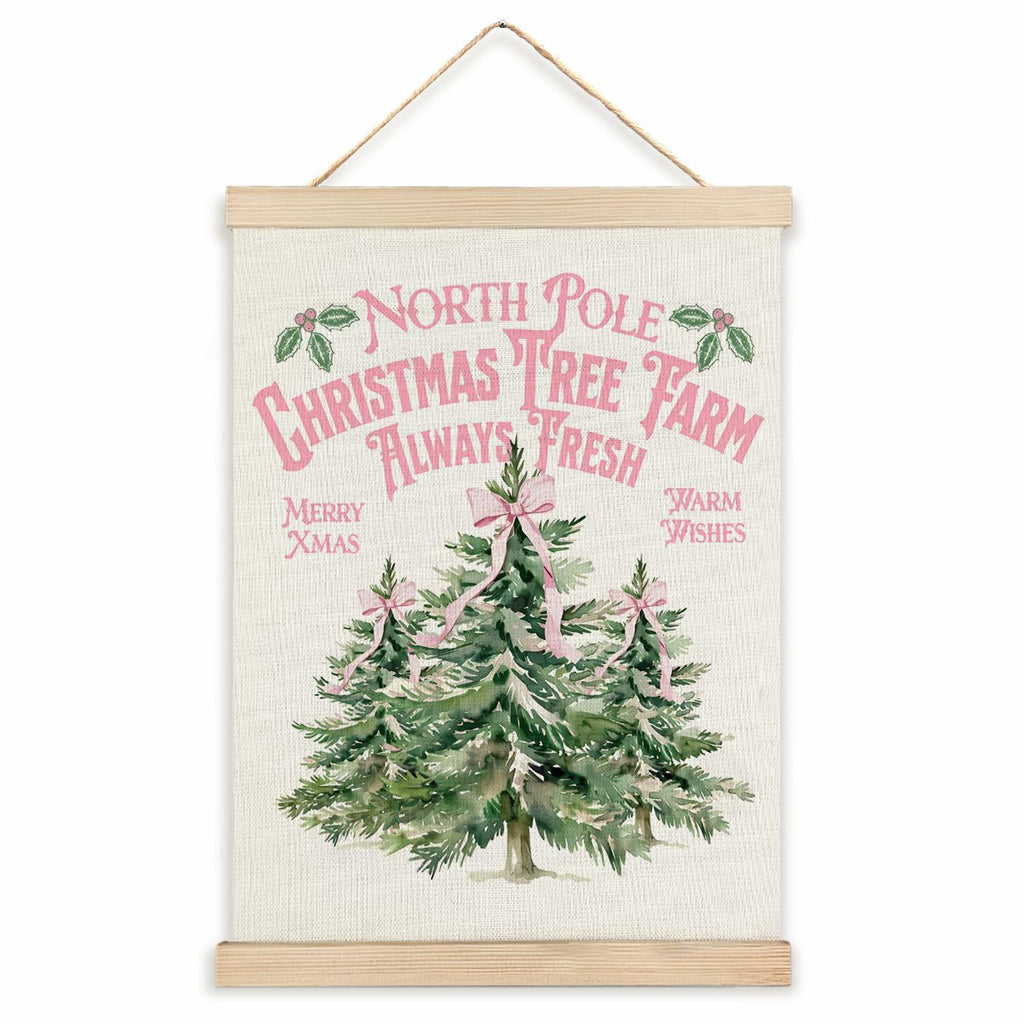 North Pole Village Christmas Wall Decor Pink Bows 12x16 Inch Farmhouse Art