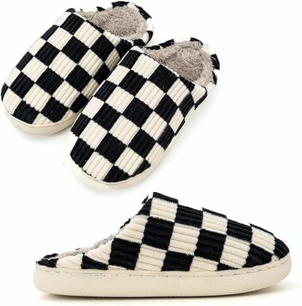 kissxiaoya Unisex Plaid Memory Foam House Slippers Black Size 4-4.5