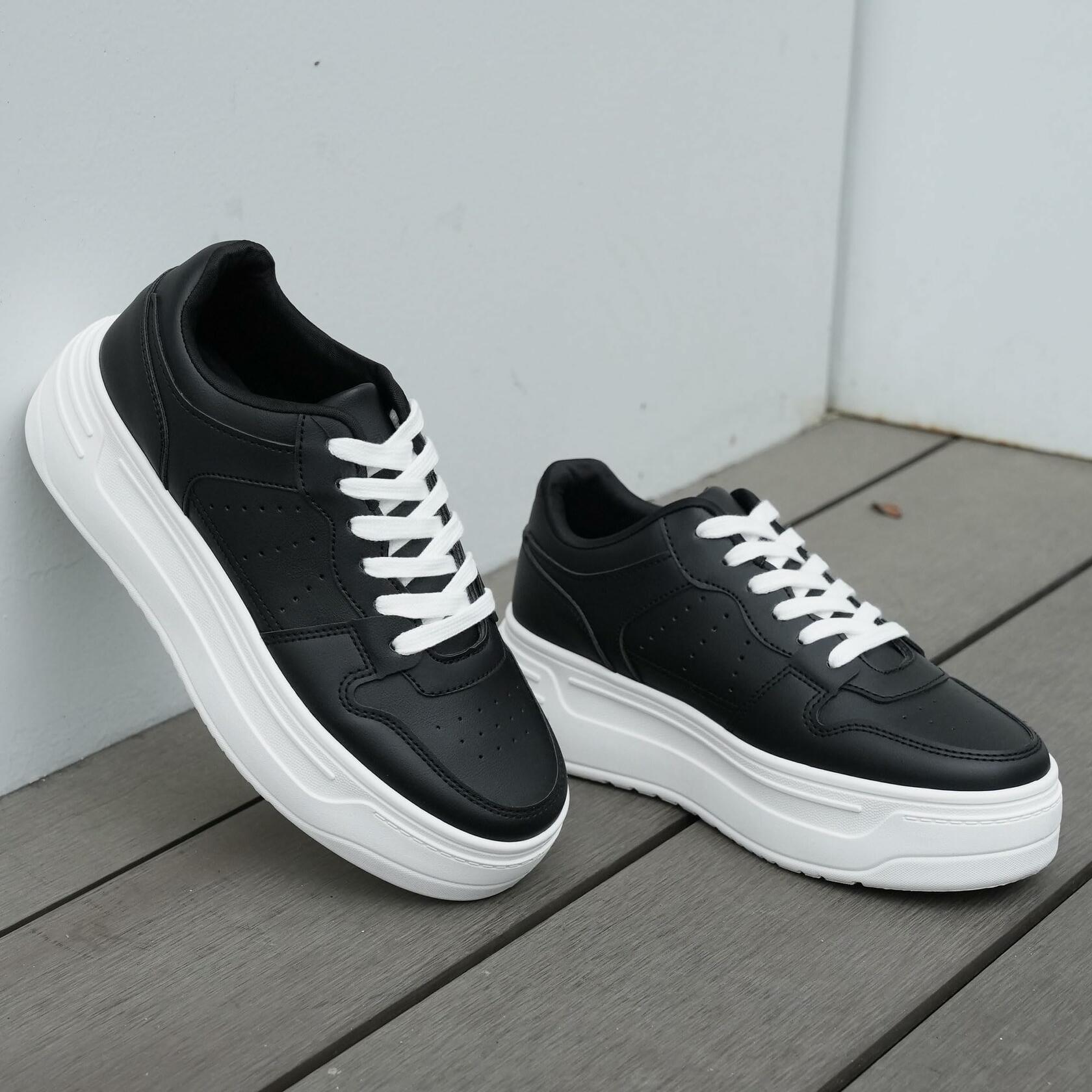 JABASIC Women Platform Sneakers Low Top Lace Up Walking Shoes Black Size 7