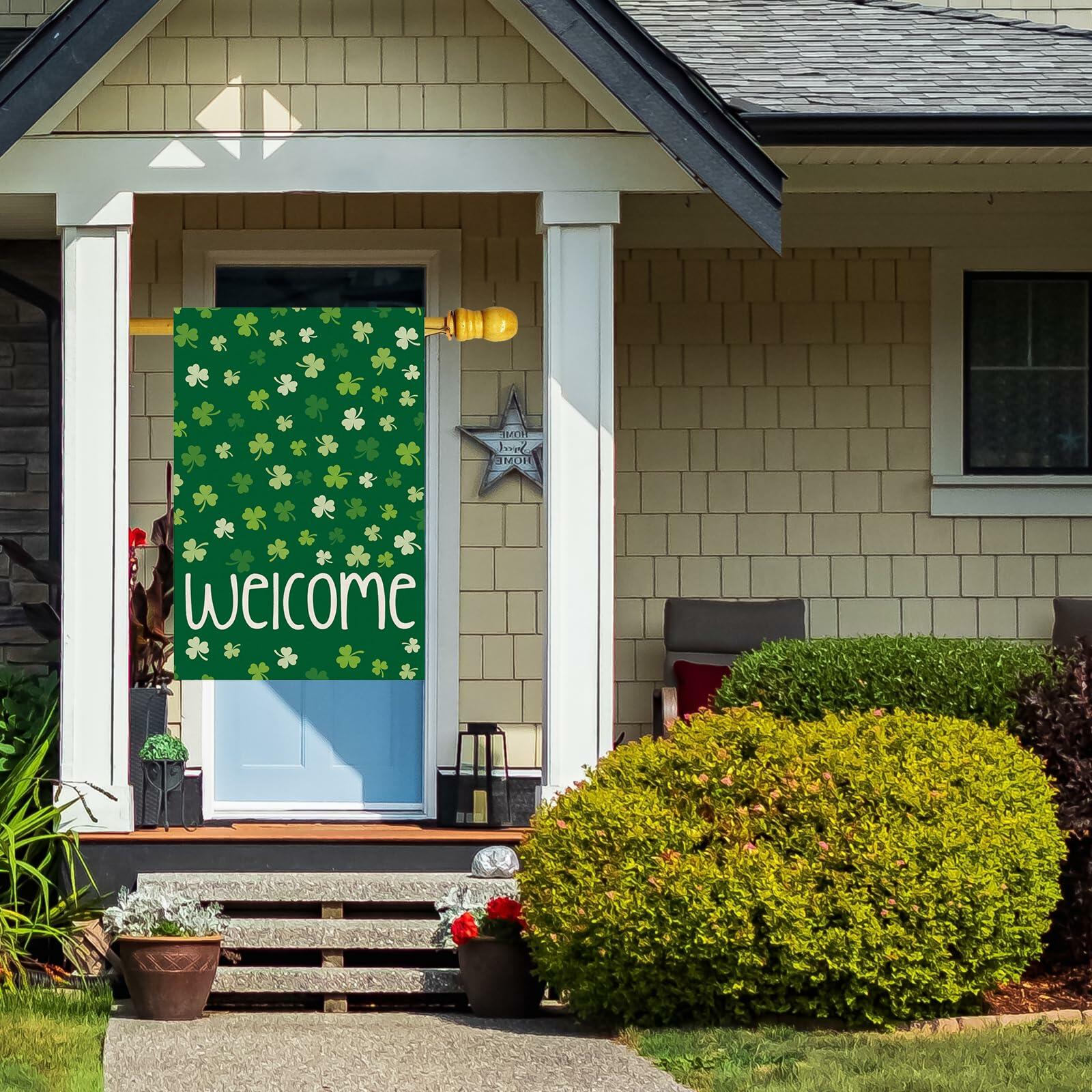 ZAEW St. Patrick's Day Shamrocks Burlap House Flag 28x40 Inch Green Double Sided