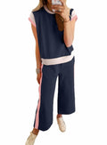 SHEWIN 2PC Women's Lounge Set Short Sleeve Top Wide Leg Pants Navy Blue Size S