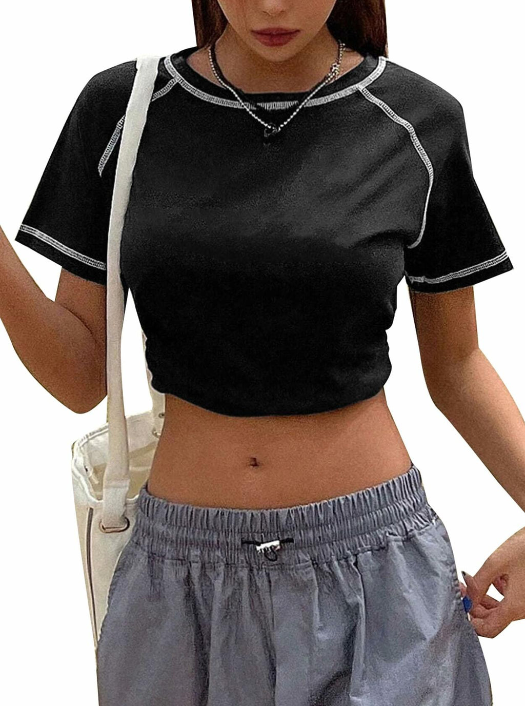 Remidoo Women's Raglan Crewneck Color Block T-Shirt Black Size XL