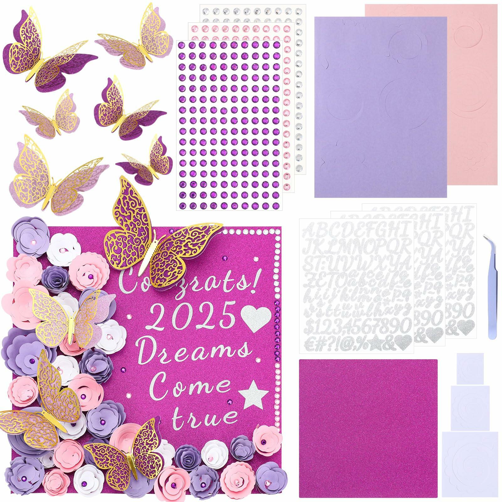 Knitgrip Graduation Cap Decoration Kit 98 Pc Purple Faux Flowers Butterfly