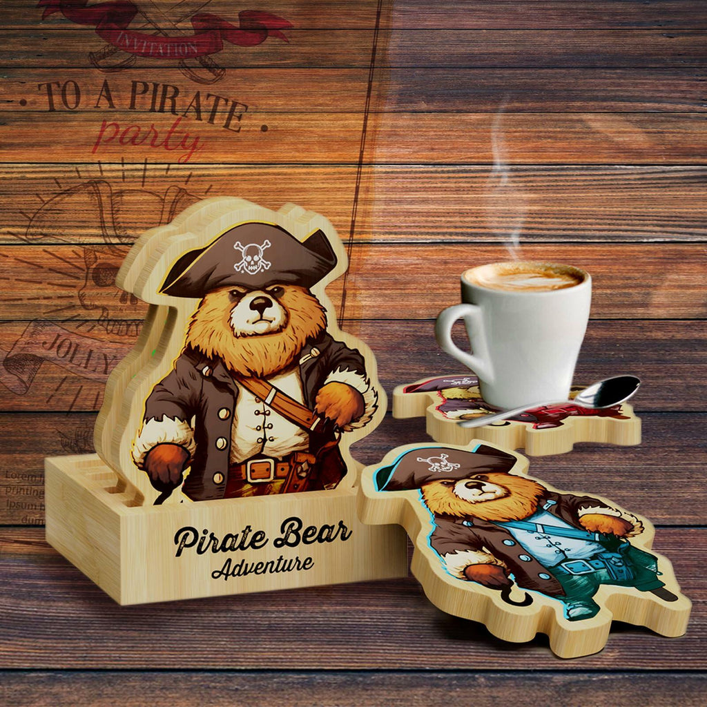 Pirate Bamboo Coasters Set with Holder Rustic Home Decor 6pcs