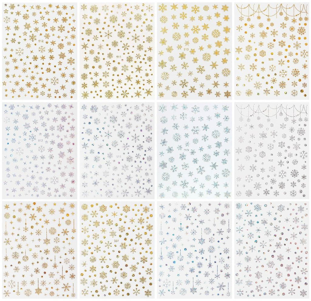 12 Sheets 3D Snowflake Nail Art Stickers Holographic Laser Gold Silver Xmas
