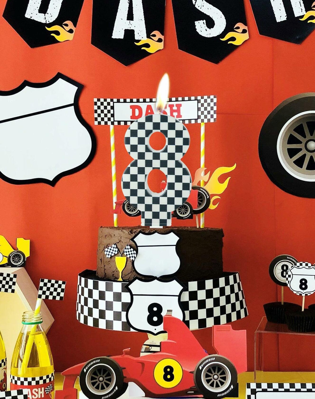 Racing Car Number 8 Birthday Candle Topper Checkered Cake Decor for Kids