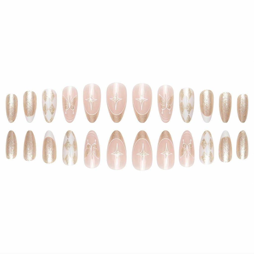 Vokupoga Press On Nails French Tip Medium Pink White Glitter 24Pcs
