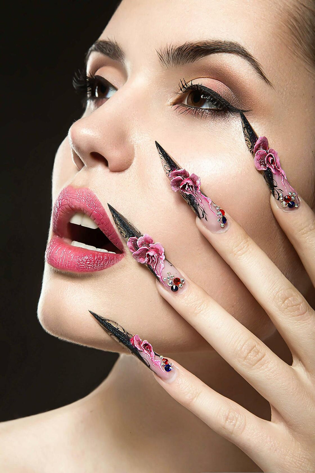 RUOKEXIN Almond Medium Pink Press On Nails Silver Glitter White Tips 24pcs