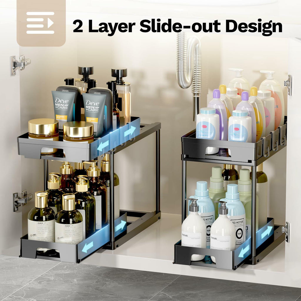 TidyLamu 2 Pack Double Sliding Under Sink Organizers 2 Tier Black